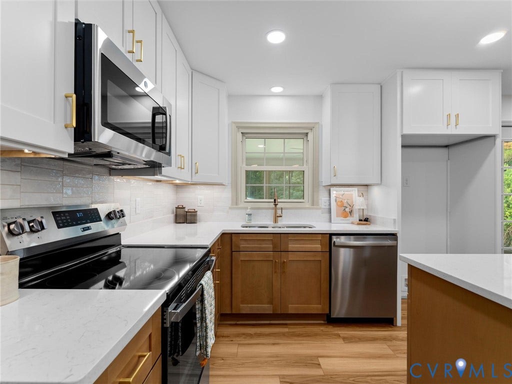 10400 Claybar Trail, Chesterfield, VA 23236 Modern kitchen featuring white upper cabinetry, natural wood-finish lower cabinetry, and quartz countertops