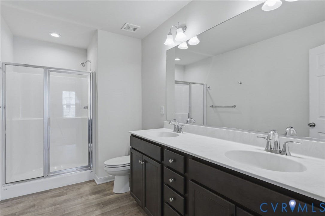 6544 Bolles Landing Court, Chester, VA 23831 Bathroom featuring a dual vanity with dark wood-finish cabinetry, white countertop, and integrated sinks