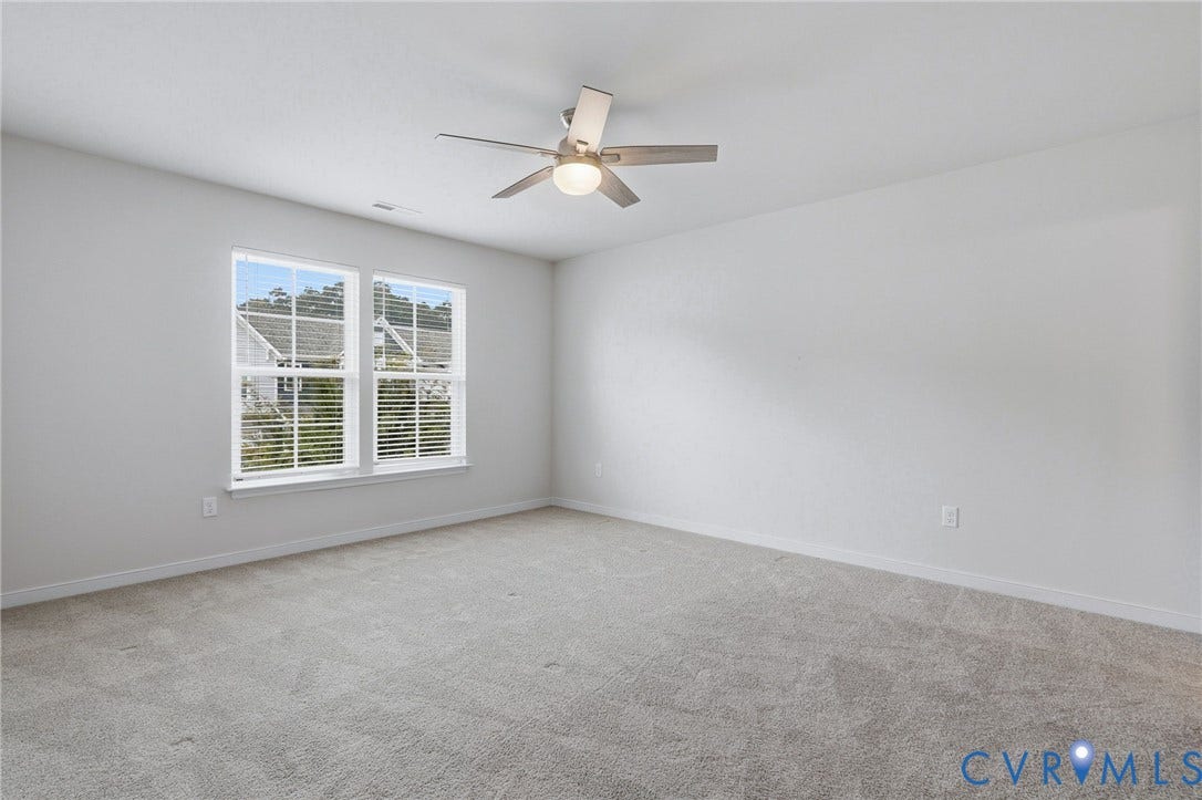 6544 Bolles Landing Court, Chester, VA 23831 Spacious room with light gray carpeting and a ceiling fan with integrated lighting