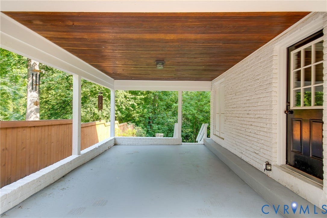 4549 Arrowhead Road, Stratford Hills, Richmond, VA 23235 The covered driveway features a beadboard ceiling as well as a storage closet and direct entry into the home's mudroom.