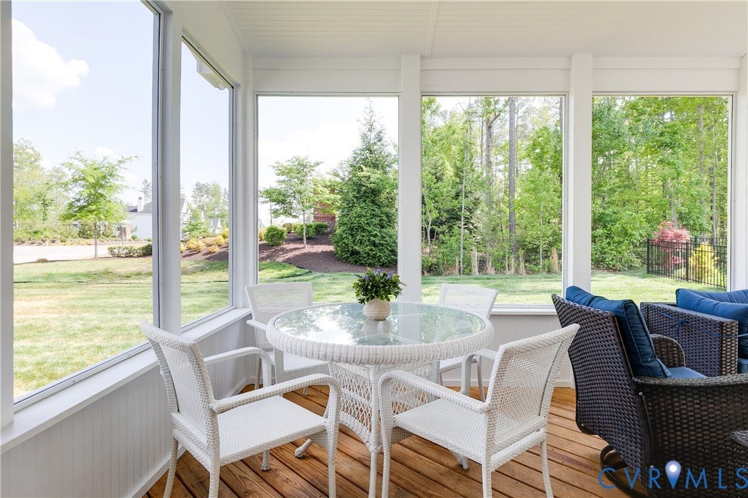 18301 Sagamore Drive, Hampton Pointe, Moseley, VA 23120 Screened porch featuring wood-finish flooring, white paneled walls, and expansive window panels