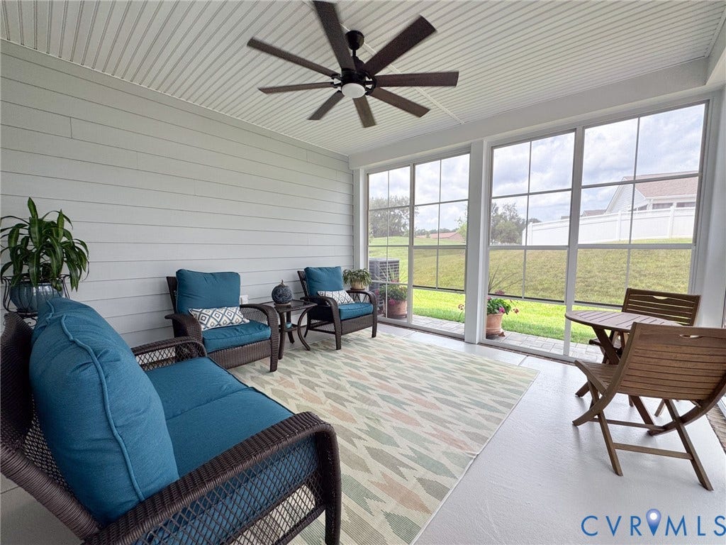 10508 Goosecross Way, Stag's Leap/ Stag's Trail, Hanover, VA 23116 Screened porch featuring light-colored flooring, extensive window panels, and a ceiling fan
