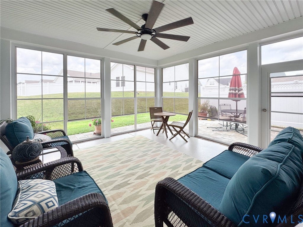 10508 Goosecross Way, Stag's Leap/ Stag's Trail, Hanover, VA 23116 Sunroom with white beadboard ceiling and ceiling fan