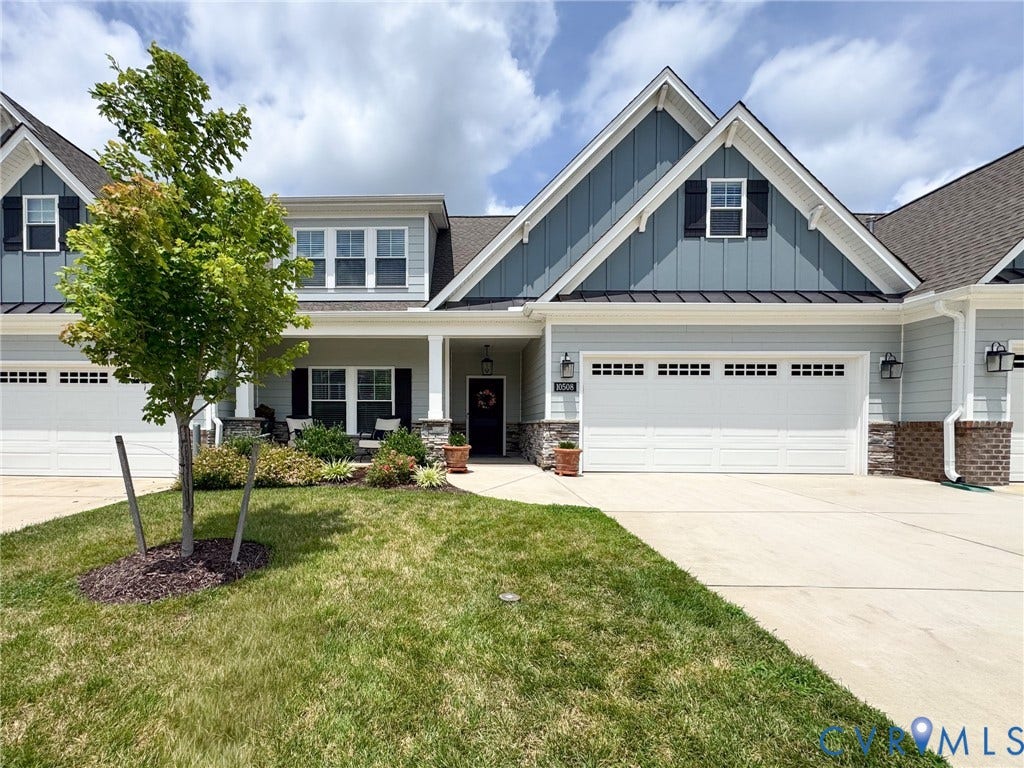 10508 Goosecross Way, Stag's Leap/ Stag's Trail, Hanover, VA 23116 Contemporary townhome exterior featuring light blue siding with board and batten accents, a covered front porch with stone pillars, a two-car garage with transom windows, and a concrete driveway