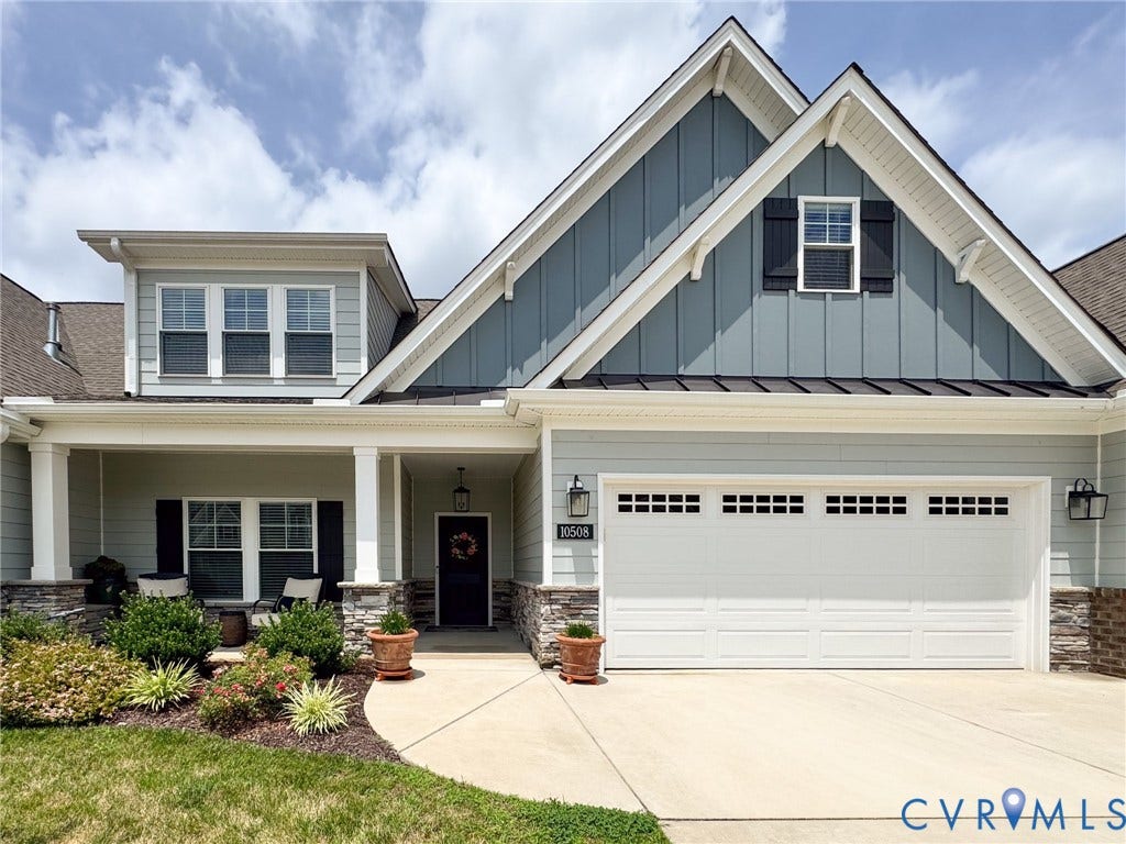 10508 Goosecross Way, Stag's Leap/ Stag's Trail, Hanover, VA 23116 Modern farmhouse exterior with light blue siding and dark gray board and batten gables