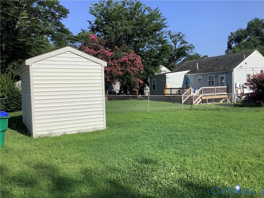 1014 Crafton Lane, Green Park, Richmond, VA 23222 Expansive backyard featuring a chain-link fence, a white vinyl-sided storage/tool shed