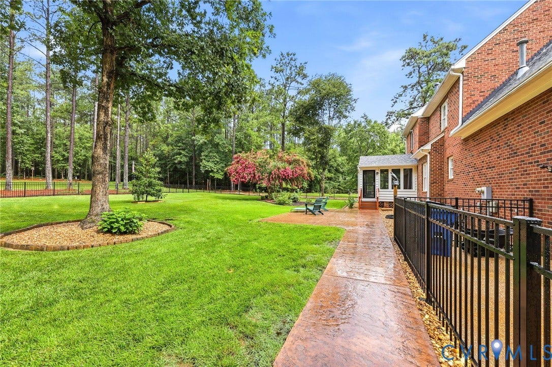 12124 Glen Kilchurn Drive, Chesterfield, VA 23838 Expansive lawn area featuring mature trees and a fenced perimeter