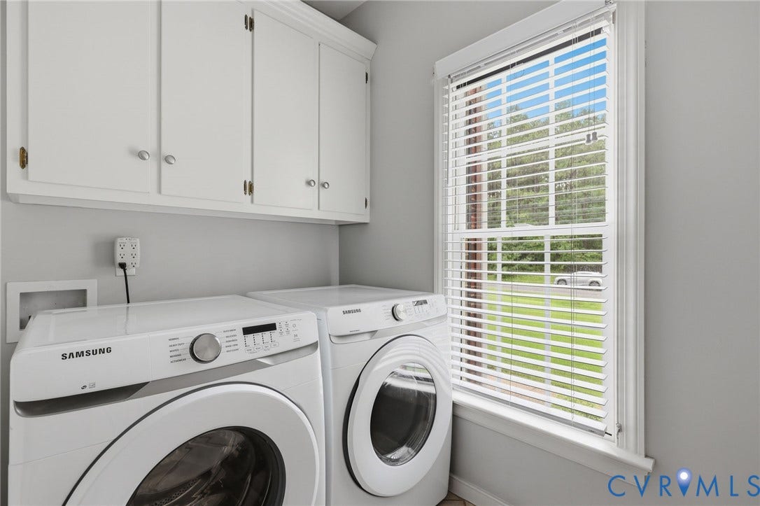 12124 Glen Kilchurn Drive, Chesterfield, VA 23838 Laundry area featuring upper cabinetry, a double-hung window with blinds, and light gray wall paint
