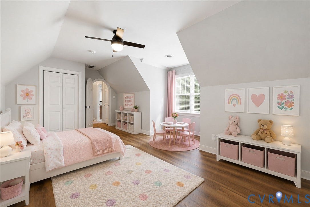 12124 Glen Kilchurn Drive, Chesterfield, VA 23838 Attic room featuring sloped ceilings, wood-finish flooring, and a ceiling fan Virtually staged