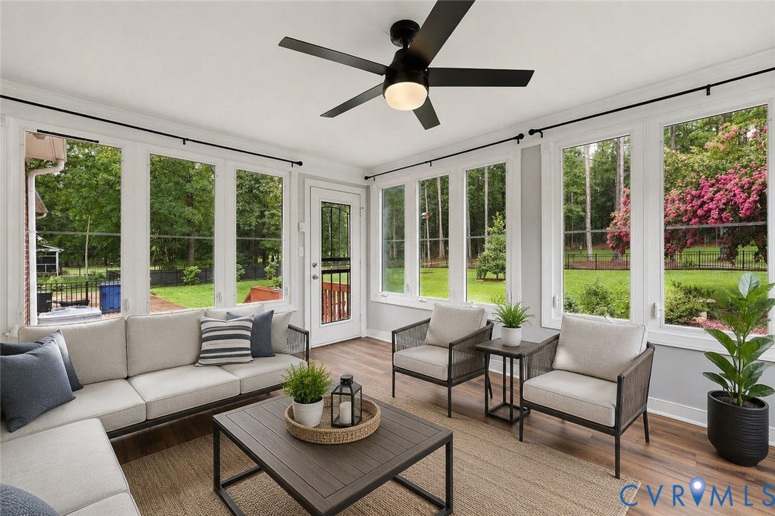 12124 Glen Kilchurn Drive, Chesterfield, VA 23838 Sunroom featuring wood-finish flooring, a contemporary ceiling fan with integrated lighting, and multiple large windows overlooking a green landscape