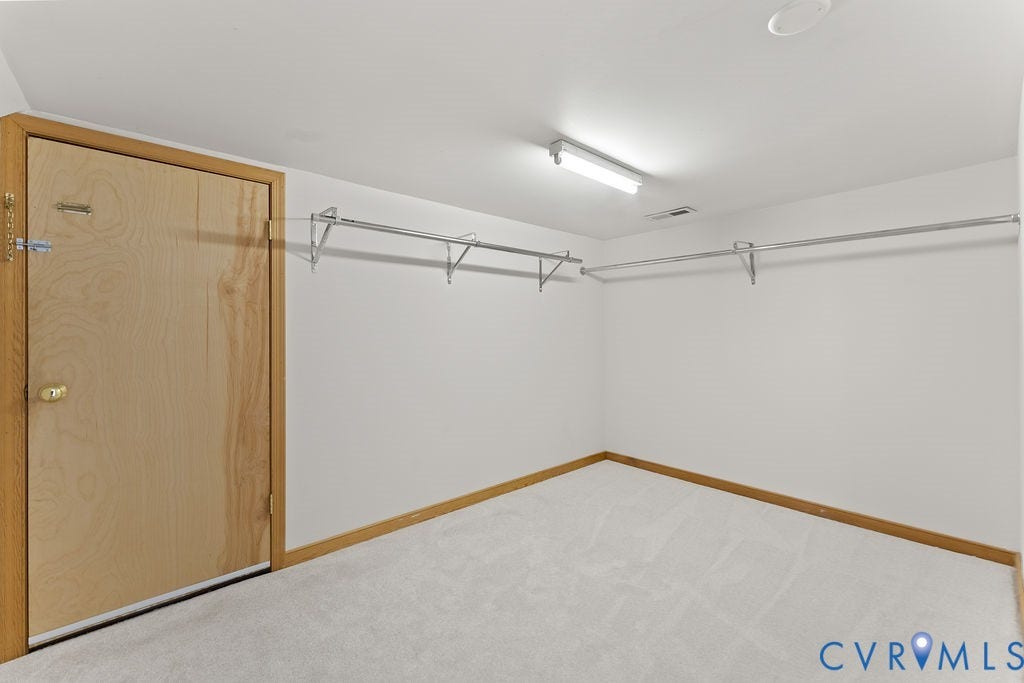 5316 Lemoore Drive, Glen Allen, VA 23059 Spacious carpeted room featuring a natural wood-finish door, extensive shelving and hanging rods, recessed ceiling light, and a fluorescent light fixture