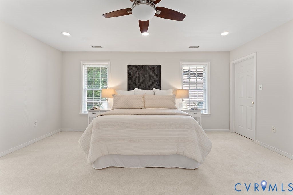 5316 Lemoore Drive, Glen Allen, VA 23059 Spacious room featuring light-toned carpeting, recessed lighting, and a ceiling fan with wood-finish blades