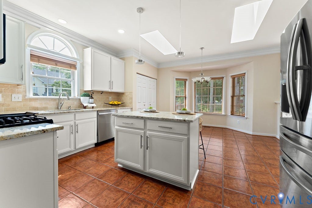 5316 Lemoore Drive, Glen Allen, VA 23059 Kitchen featuring white cabinetry, granite countertops, tile backsplash, and stainless steel appliances