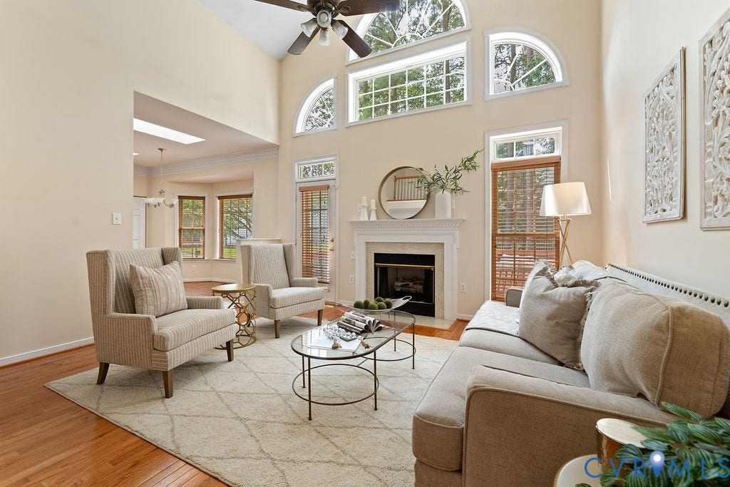 5316 Lemoore Drive, Glen Allen, VA 23059 Living room featuring a vaulted ceiling and a fireplace with a white mantel