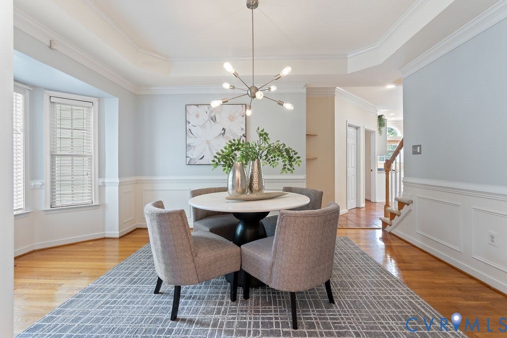 5316 Lemoore Drive, Glen Allen, VA 23059 Dining area featuring hardwood flooring, wainscoting, crown molding, a bay window, and a contemporary chandelier
