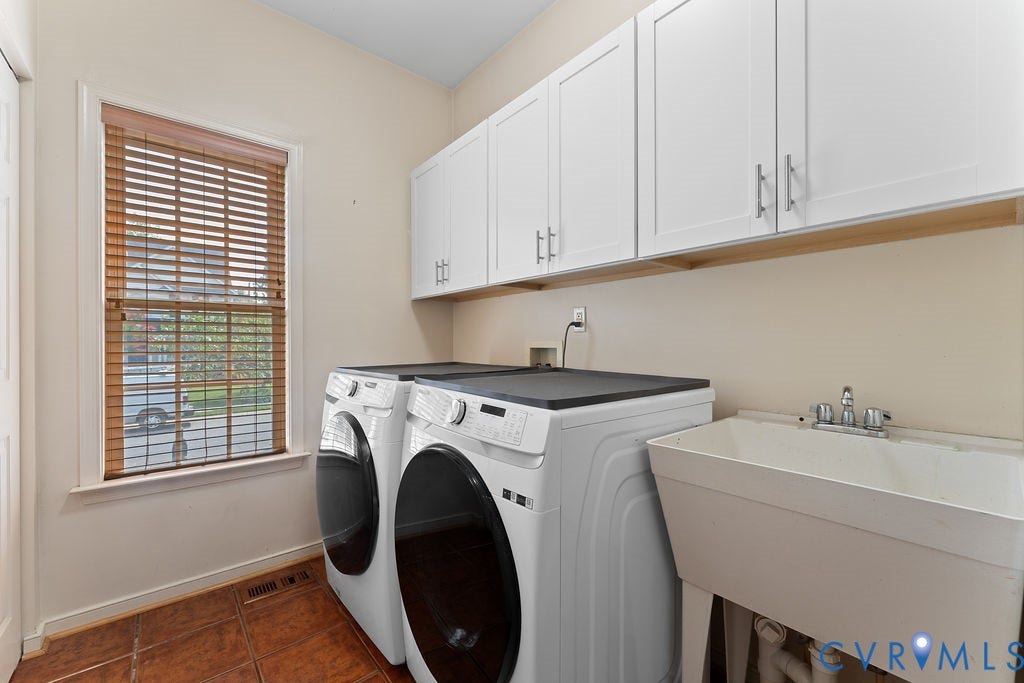 5316 Lemoore Drive, Glen Allen, VA 23059 Laundry area featuring ceramic tile flooring, white shaker-style cabinetry with brushed nickel hardware, and a utility sink