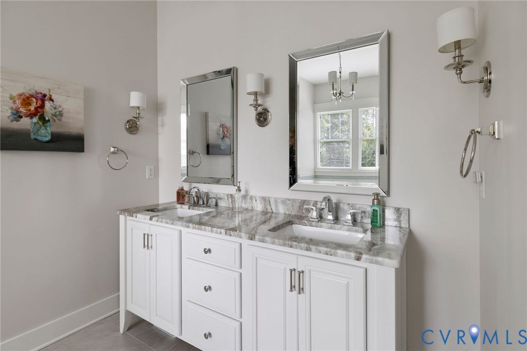 15918 Drumone Road, Hallsley, Midlothian, VA 23112 Double vanity featuring white shaker-style cabinetry, undermount sinks, and stone countertops
