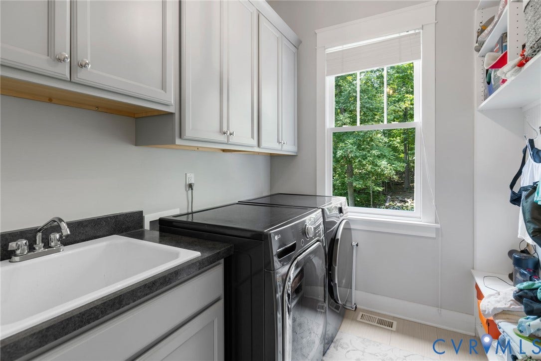 15918 Drumone Road, Hallsley, Midlothian, VA 23112 Laundry room featuring upper cabinetry, a utility sink with a dark countertop, a window with natural light, and open shelving