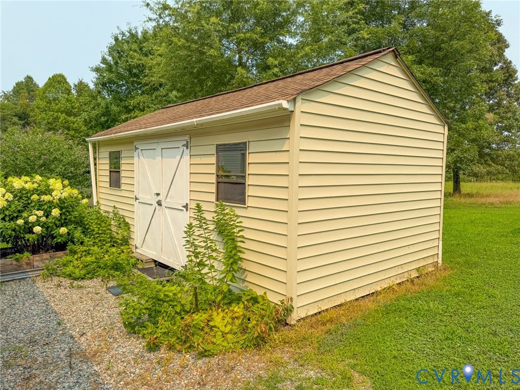 6688 Old Buckingham Road, Powhatan, VA 23139 Detached storage shed featuring horizontal siding, a gabled roof, and two operational windows