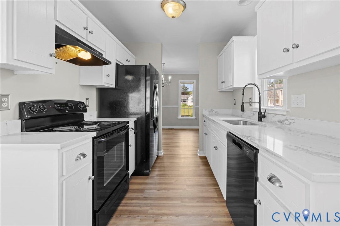 5025 Alberta Mews, Chesterfield, VA 23832 Galley kitchen featuring white cabinetry, LVP flooring, quartz countertops, and black appliances