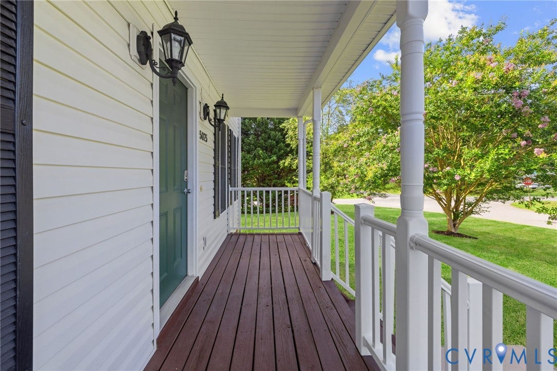 5025 Alberta Mews, Chesterfield, VA 23832 Welcoming front porch featuring a dark wood-finish deck and white railing. Virtually edited grass