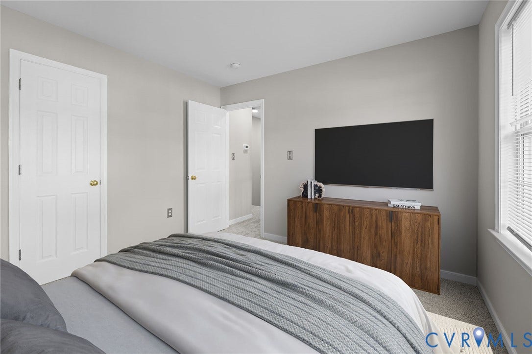 5025 Alberta Mews, Chesterfield, VA 23832 Bedroom with light gray walls, carpeted flooring, and a window with horizontal blinds. Virtually staged concept