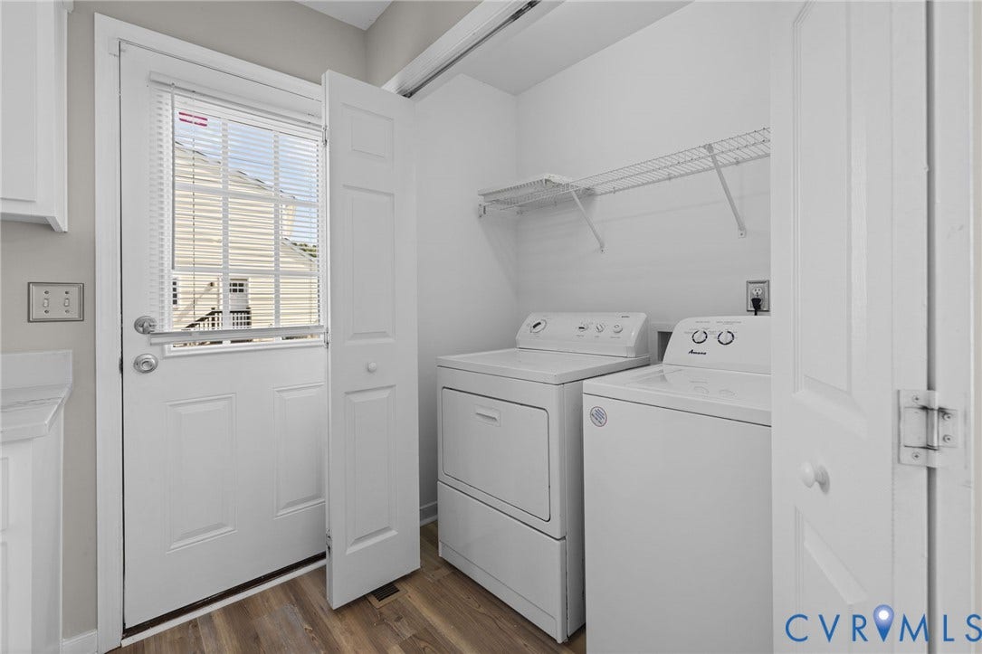 5025 Alberta Mews, Chesterfield, VA 23832 Dedicated utility space featuring LVP flooring, a white back door with integrated blinds, and an overhead wire shelving unit