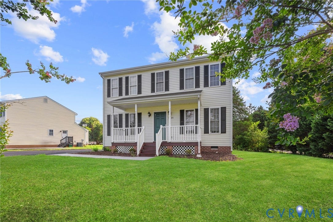 5025 Alberta Mews, Chesterfield, VA 23832 Two-story residence featuring white vinyl siding and a covered front porch with white railings. Virtually edited grass