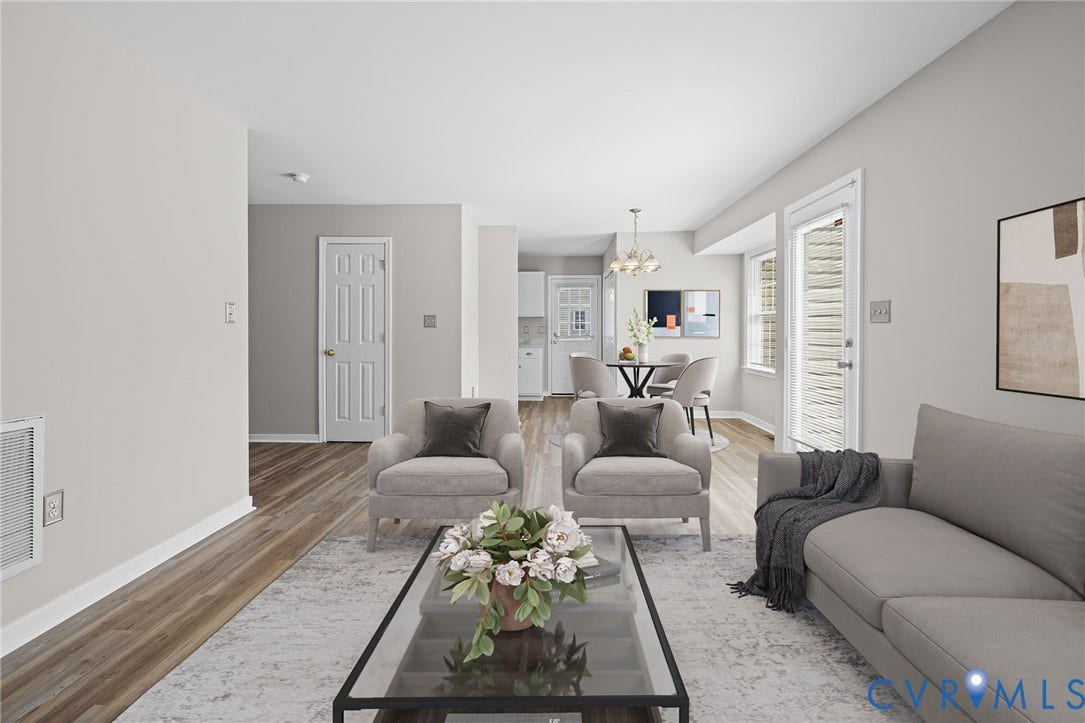 5025 Alberta Mews, Chesterfield, VA 23832 Bright living area featuring LVP flooring and a neutral color palette. Virtually staged concept