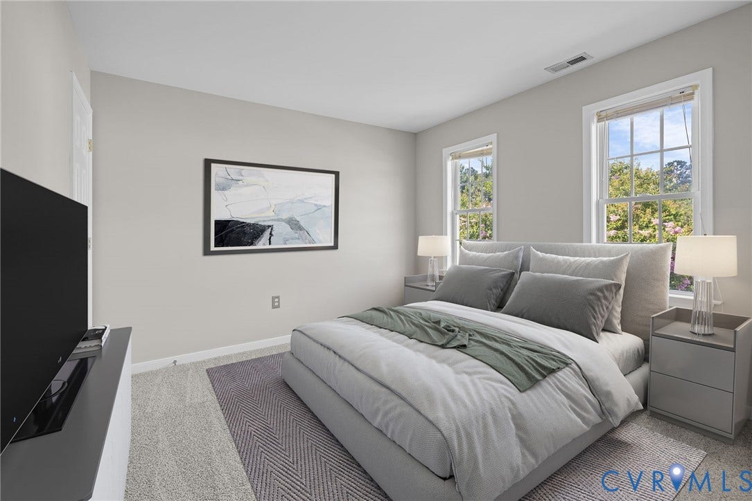 5025 Alberta Mews, Chesterfield, VA 23832 Light gray wall paint complemented by white trim and a carpeted floor. Virtually staged concept
