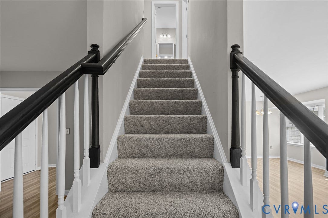 5025 Alberta Mews, Chesterfield, VA 23832 Newly carpeted staircase featuring white risers and a contrasting black handrail with white balusters