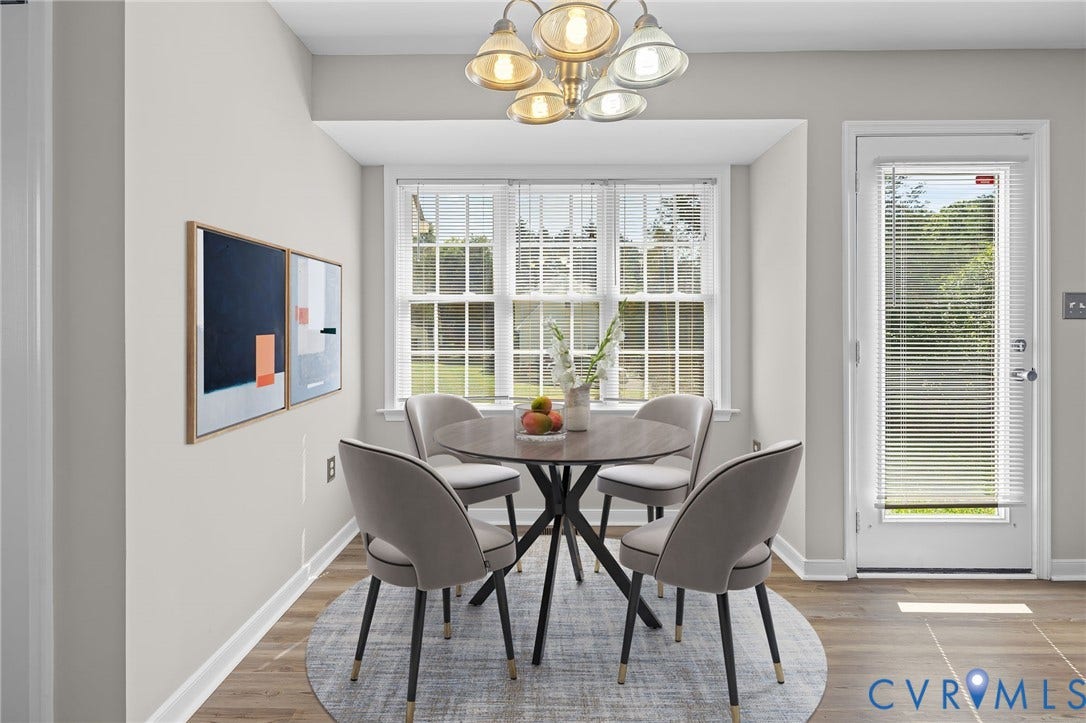 5025 Alberta Mews, Chesterfield, VA 23832 Bay window with ample natural light, overhead multi-light fixture, LVP flooring, white trim throughout, and a glass-paneled door. Virtually staged concept