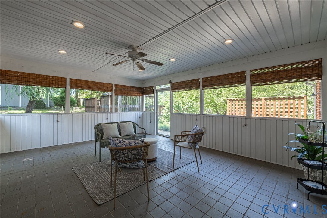 704 Forestview Drive, Colonial Heights, VA 23834 Screened porch featuring tiled flooring, a slatted white ceiling with recessed lighting, and a ceiling fan