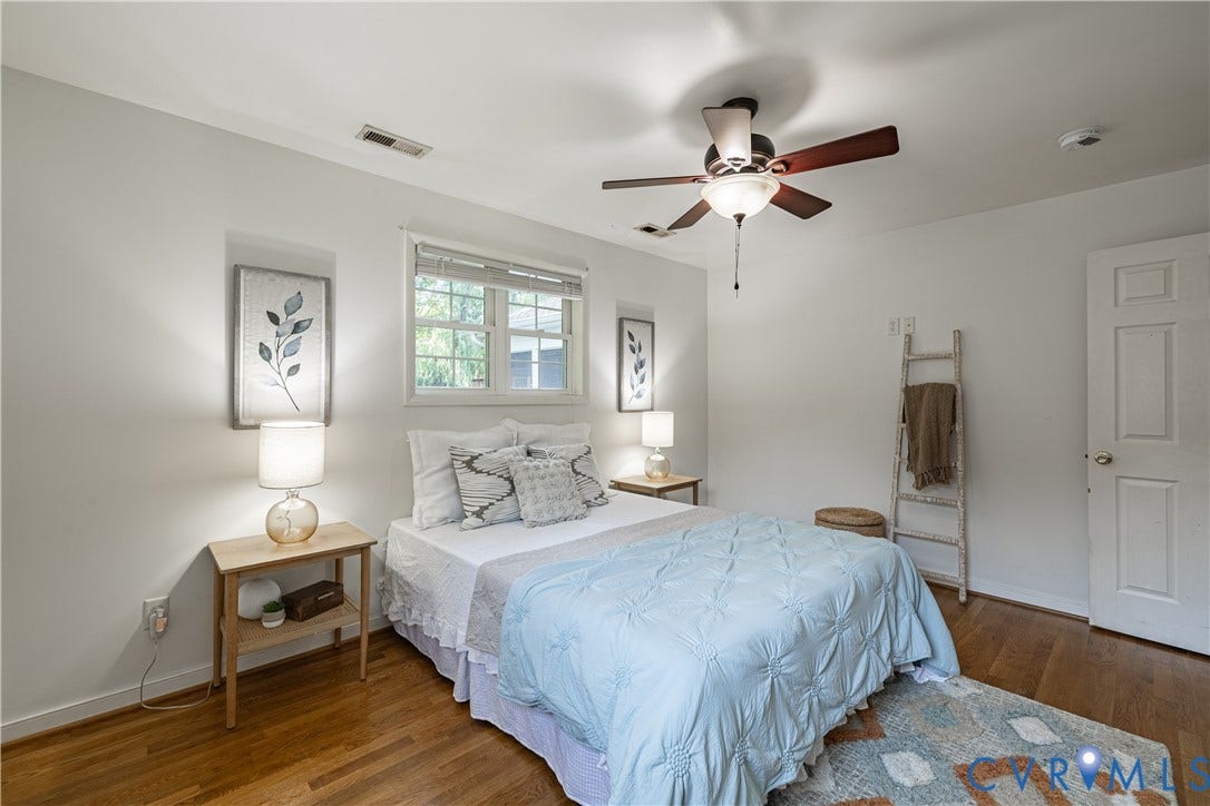 704 Forestview Drive, Colonial Heights, VA 23834 Bedroom featuring hardwood flooring, a ceiling fan with integrated lighting, window with blinds, and white painted walls