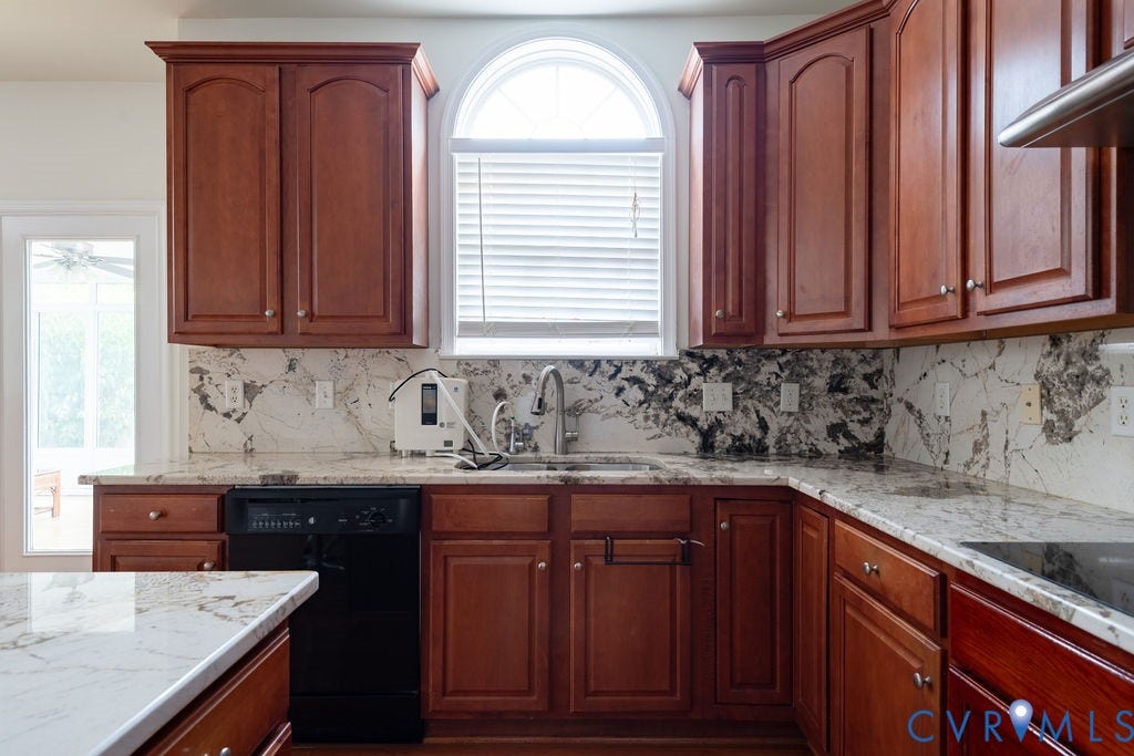4924 Sadler Glen Ct, Sadler Glen, Glen Allen, VA 23060 Kitchen featuring wood cabinetry, stone countertops, coordinating stone backsplash, and a built-in dishwasher