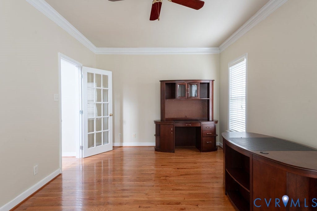 4924 Sadler Glen Ct, Sadler Glen, Glen Allen, VA 23060 Hardwood flooring throughout this room featuring crown molding, a ceiling fan, and French doors