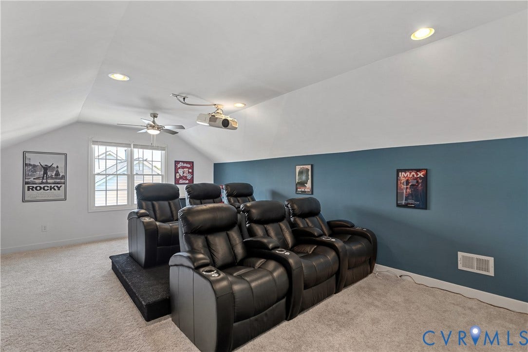 5009 Sadler Place Terrace, Glen Allen, VA 23060 Third floor Media Room with ceiling-mounted projector, recessed lighting, screen setup, ceiling fan, storage