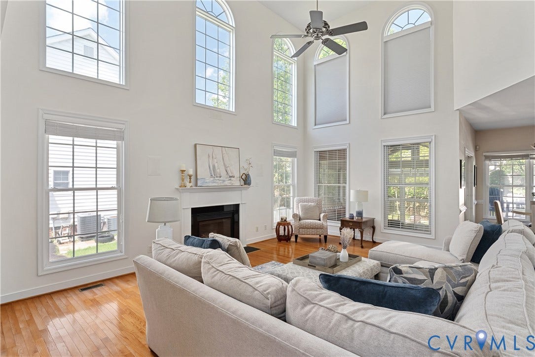 5009 Sadler Place Terrace, Glen Allen, VA 23060 Two-story Living Room with hardwood flooring, gas fireplace, and ceiling fan