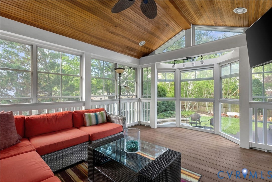 5009 Sadler Place Terrace, Glen Allen, VA 23060 Three season screened porch with screens and panels for windows, wood paneled ceiling, recessed lighting, and ceiling fan