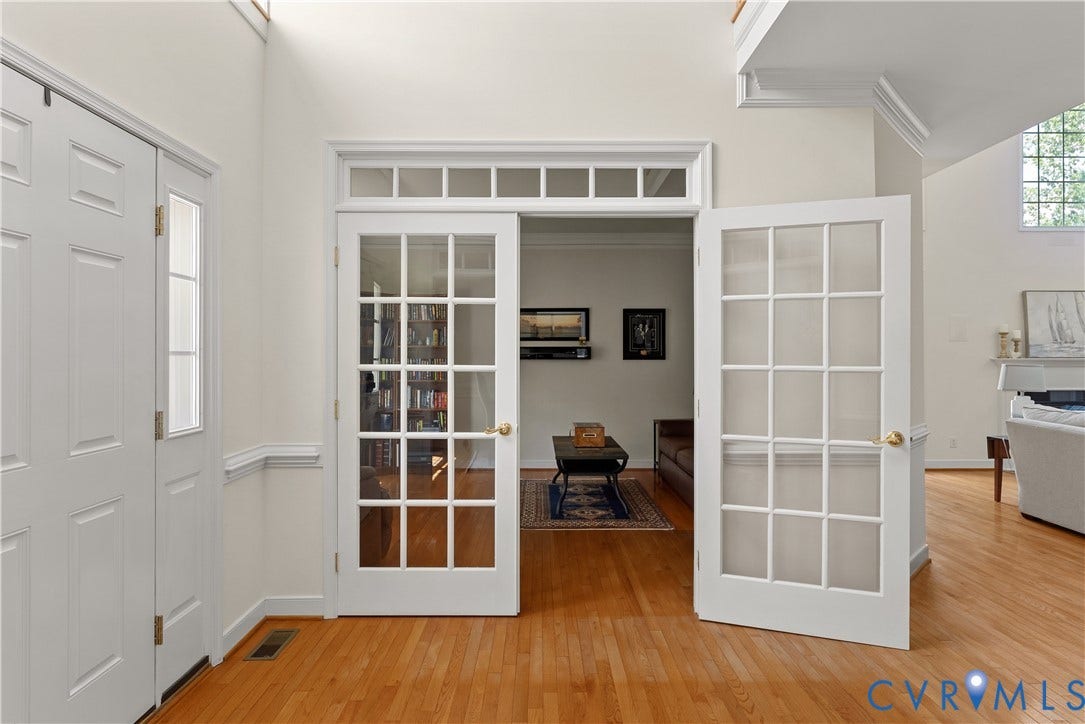 5009 Sadler Place Terrace, Glen Allen, VA 23060 Private home office with hardwood flooring, double French doors, transom window, and crown molding