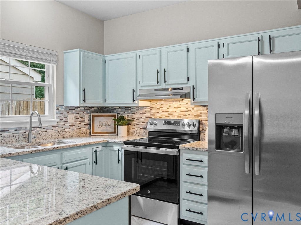 10100 Robin Lee Lane, Laurel Lakes, Glen Allen, VA 23060 Kitchen featuring light blue cabinetry with matte black hardware, stainless steel appliances, and light-toned granite countertops