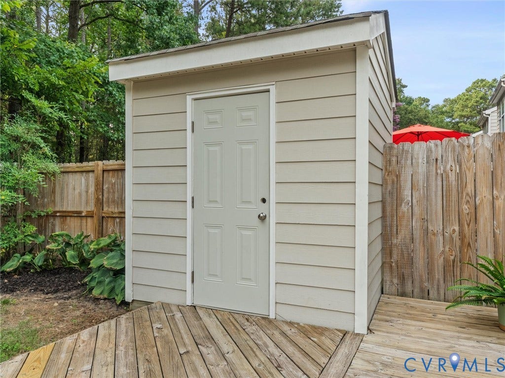 10100 Robin Lee Lane, Laurel Lakes, Glen Allen, VA 23060 Storage shed featuring horizontal siding and a paneled door, positioned on a wooden deck