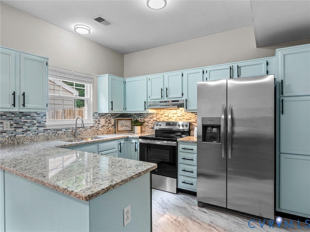 10100 Robin Lee Lane, Laurel Lakes, Glen Allen, VA 23060 Kitchen featuring light blue cabinetry, granite countertops, a mosaic tile backsplash, stainless steel appliances, and wood-finish flooring
