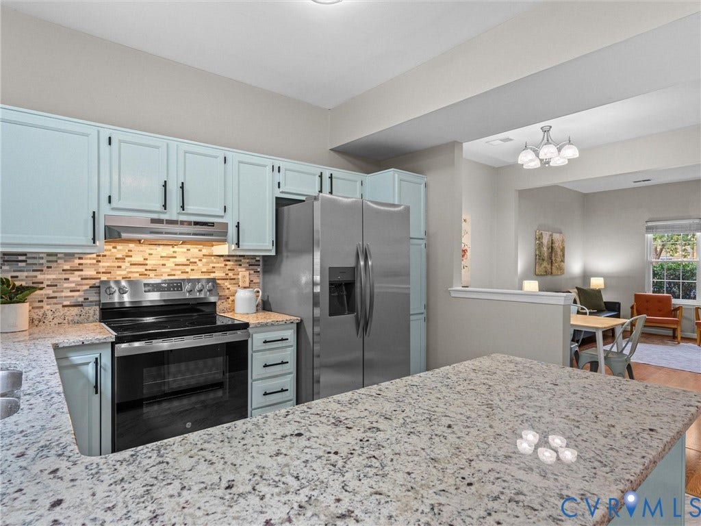 10100 Robin Lee Lane, Laurel Lakes, Glen Allen, VA 23060 Kitchen featuring light blue cabinetry, granite countertops, a mosaic tile backsplash, and stainless steel appliances including a refrigerator and electric range
