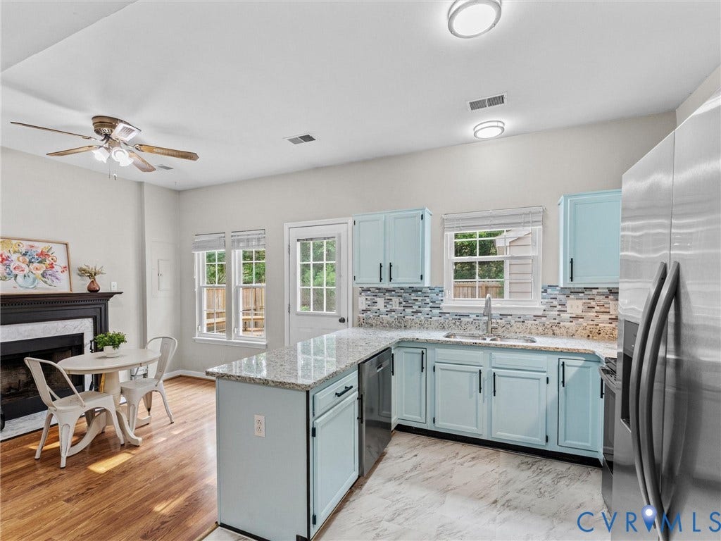 10100 Robin Lee Lane, Laurel Lakes, Glen Allen, VA 23060 Open concept kitchen featuring light blue cabinetry, granite-finish countertops, and a mosaic tile backsplash