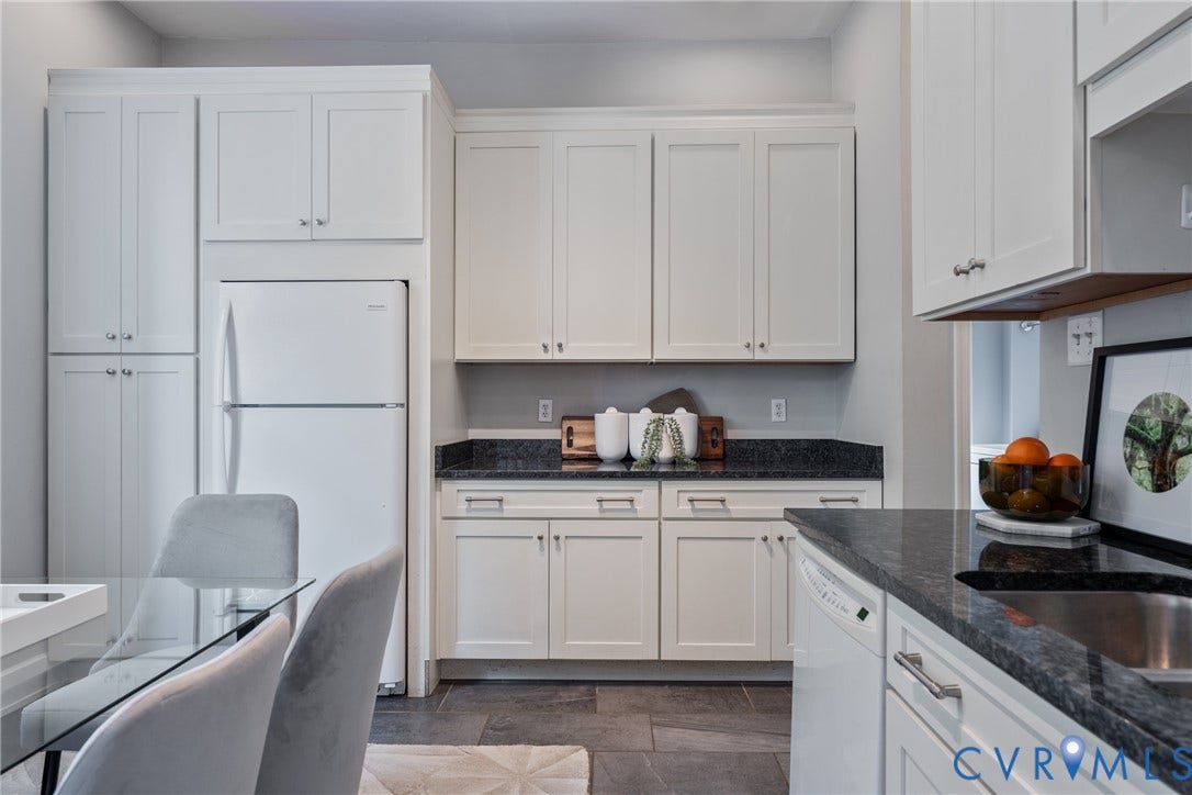 2016 Princess Anne Avenue, Union Hill, Richmond, VA 23223 Kitchen featuring white shaker-style cabinetry, dark stone countertops, stainless steel sink, and tile flooring