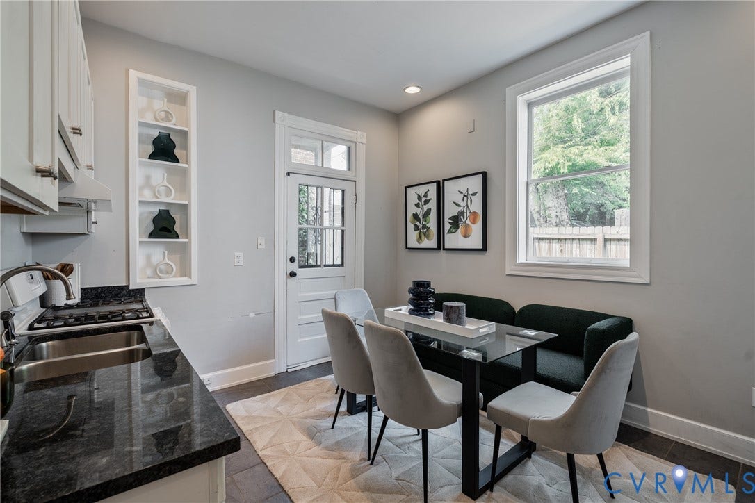 2016 Princess Anne Avenue, Union Hill, Richmond, VA 23223 Modern kitchen featuring black stone countertops, white cabinetry, a stainless steel sink, and a built-in shelving unit