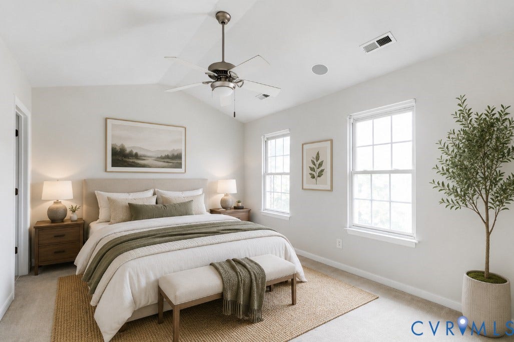 8004 Creekside Village Drive, Creekside Village, Mechanicsville, VA 23111 Virtually Staged Bedroom with vaulted ceiling and ceiling fan