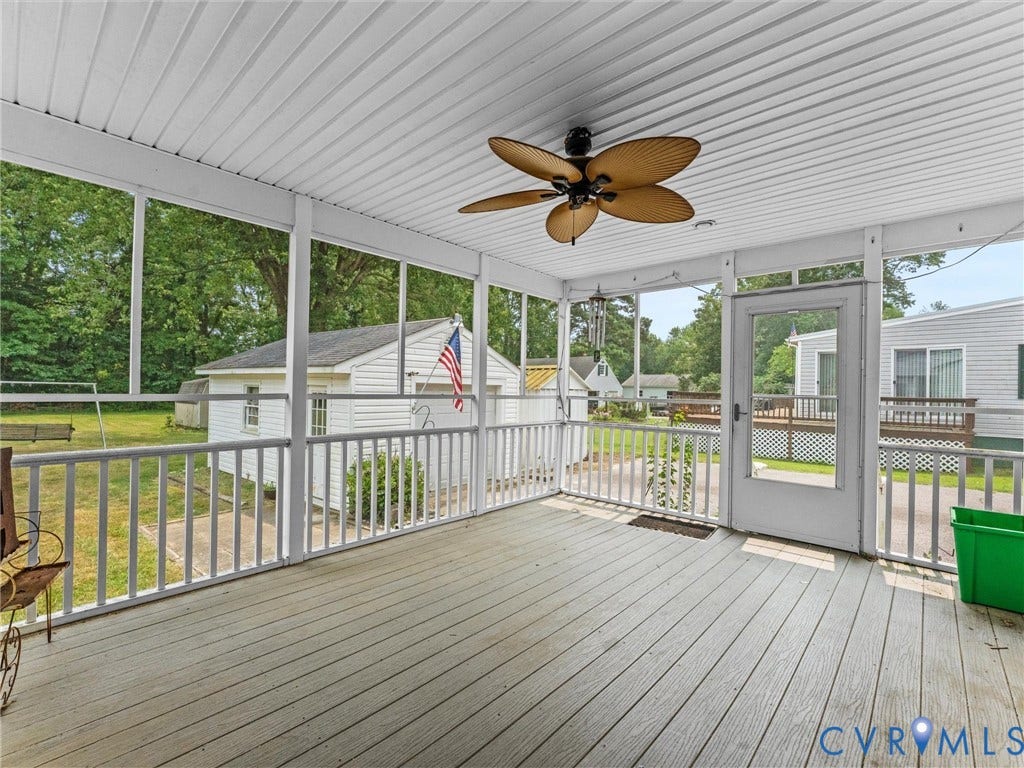 9633 Shamrock Drive, Centralia Gardens/Salem Woods, Chesterfield, VA 23237 Spacious screened porch featuring a ceiling fan, light-toned decking, and a full-light entry door