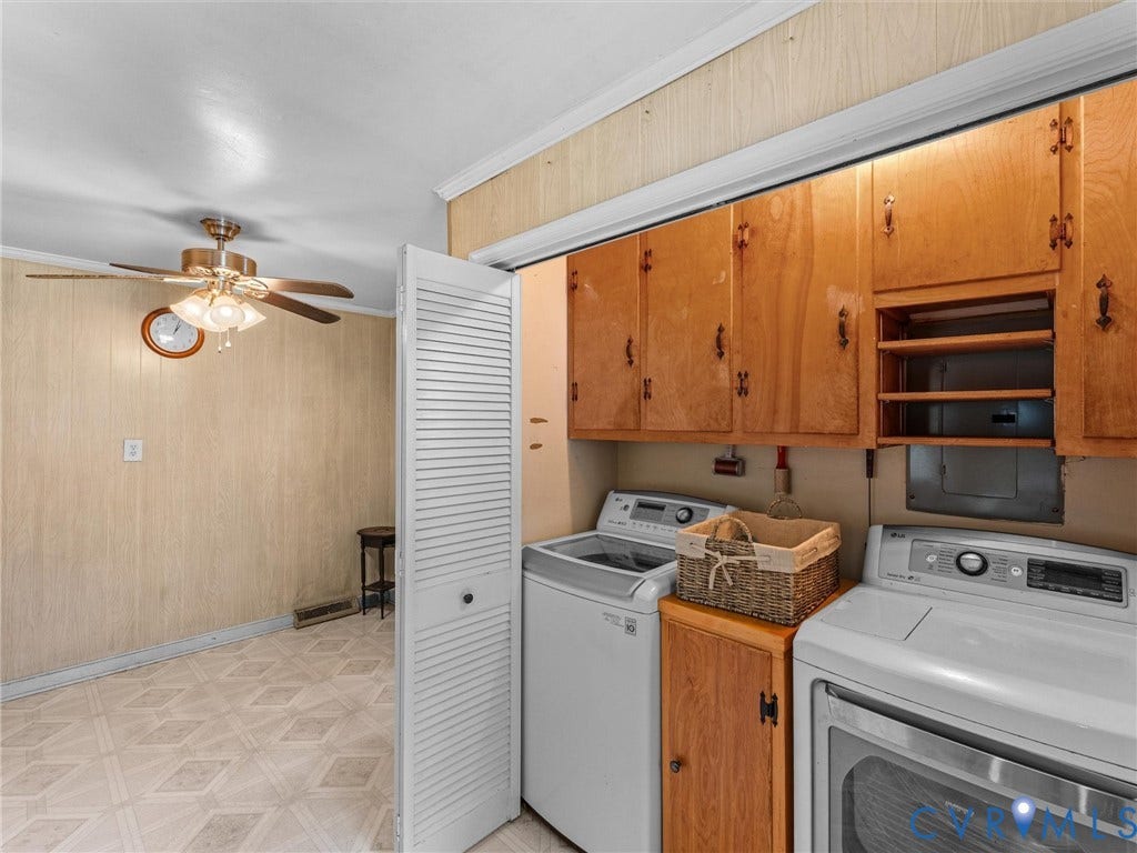 9633 Shamrock Drive, Centralia Gardens/Salem Woods, Chesterfield, VA 23237 Utility area featuring a ceiling fan with integrated lighting, wood paneling, and vinyl flooring